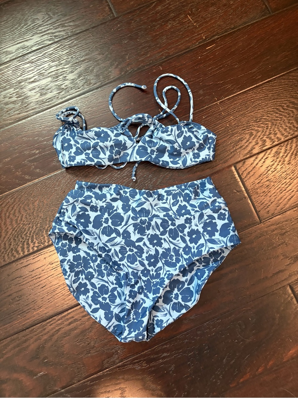 Skatie Blue and White Floral High-Waist Bikini Set